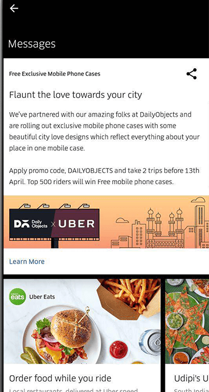 UBER in-app promotion screen